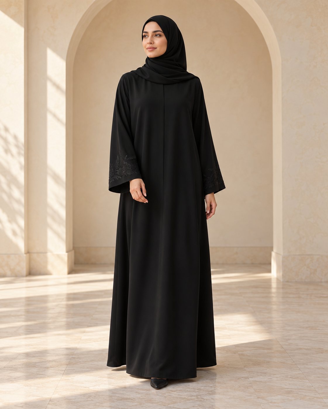 Black closed abaya with embroidered cuffs