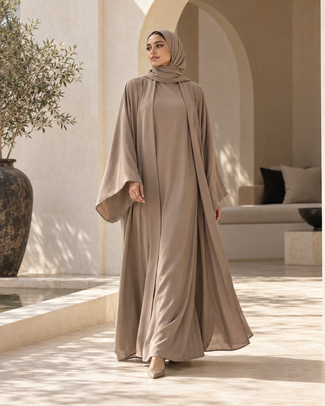 Taupe open abaya with matching shaila and inner dress