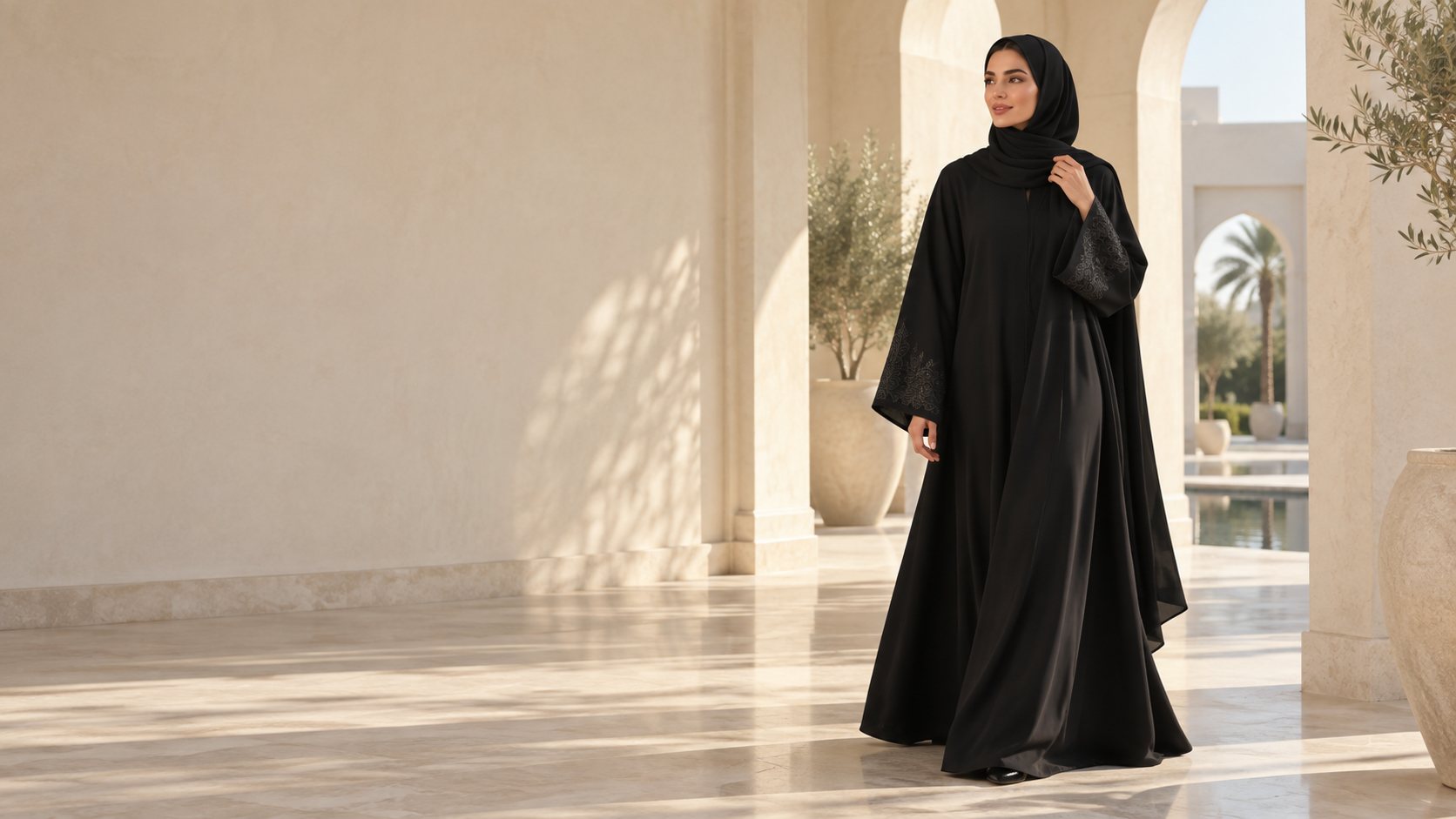 A woman in a flowing black Farasha abaya walking through a sunlit colonnade