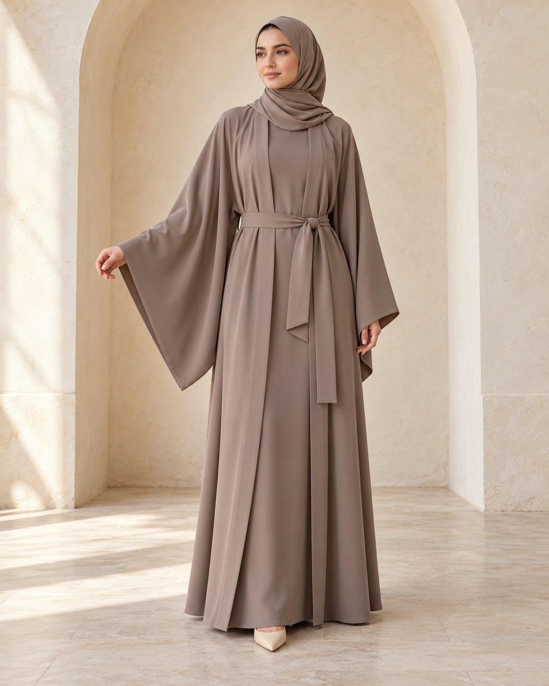 Taupe kimono abaya with wide sleeves and waist tie