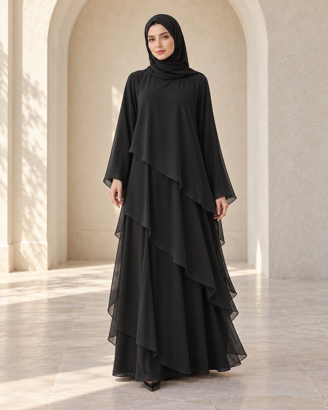 Black layered abaya with cascading chiffon tiers