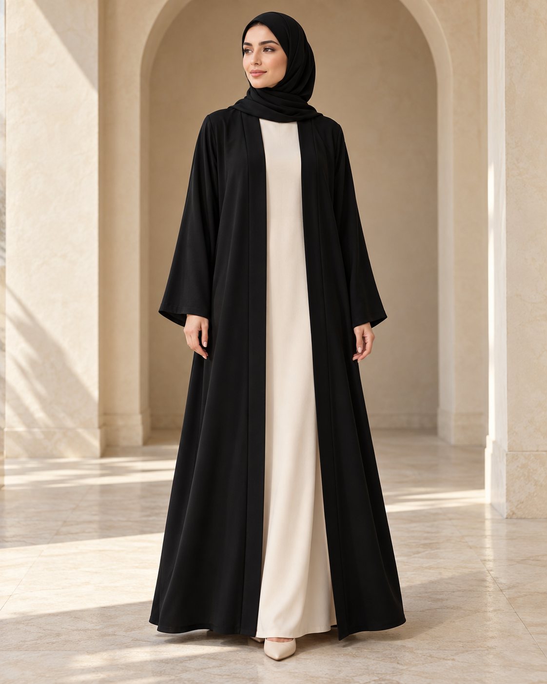Black open abaya layered over an ivory inner dress